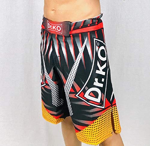 Dr. K.O. Pantalones Cortos Shorts MMA para Lucha, Boxeo, Artes Marciales, Kick Boxing, Muay Thai (Negro y Rojo, XXL)