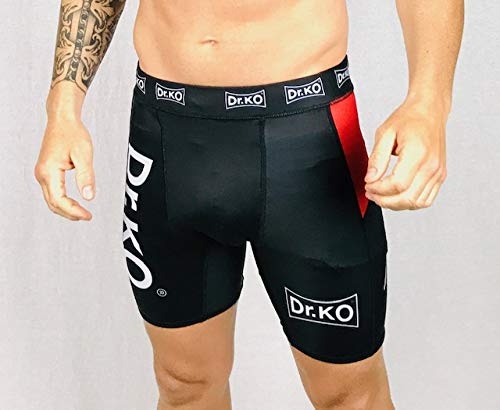 Dr. KO Pantalones mallas cortas térmicas de compresión, Shorts de compresión MMA para lucha, boxeo, artes marciales, Kick Boxing, Muay Thai (Negro y Rojo, M)