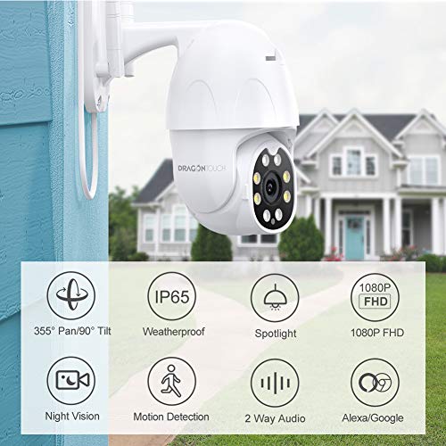 Dragon Touch OD10 Cámara IP de Vigilancia Exterior WiFi 1080P HD PTZ con Visión Nocturna, Audio Bidireccional, Detección de Movimiento, Resistente al Agua, Compatible con Alexa y Google Home