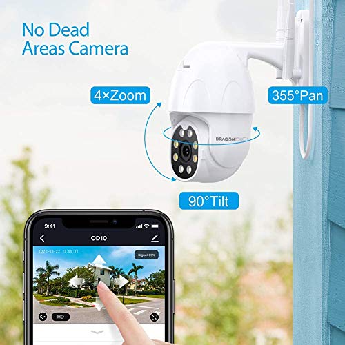 Dragon Touch OD10 Cámara IP de Vigilancia Exterior WiFi 1080P HD PTZ con Visión Nocturna, Audio Bidireccional, Detección de Movimiento, Resistente al Agua, Compatible con Alexa y Google Home