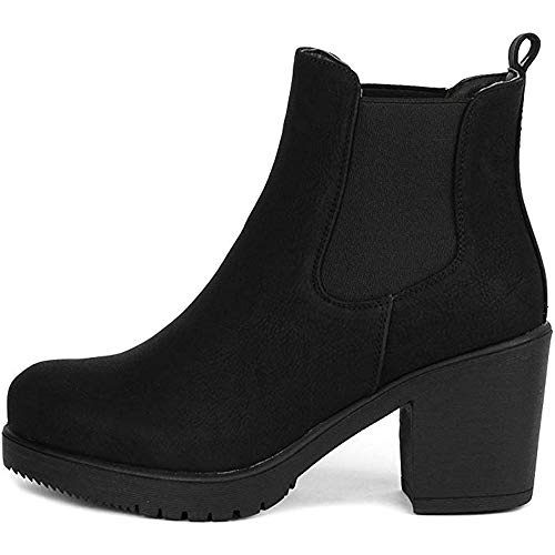 Dream Pairs FRE Mujer Botines de Tacón Ancho Chelsea Plataforma Cabeza Redonda Otoño Invierno Moda Botas Negro PU 41.5 EU/10.5 US