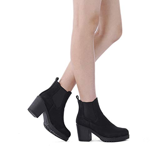 Dream Pairs FRE Mujer Botines de Tacón Ancho Chelsea Plataforma Cabeza Redonda Otoño Invierno Moda Botas Negro PU 41.5 EU/10.5 US