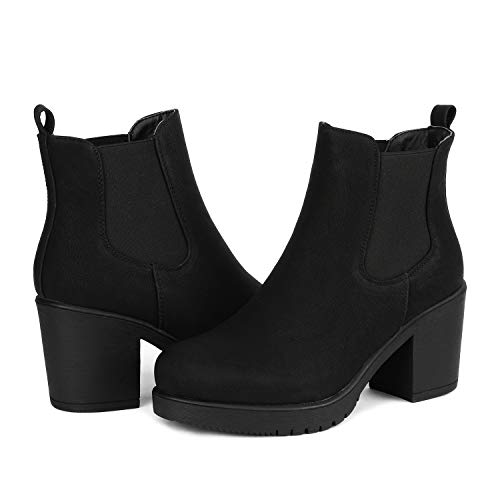 Dream Pairs FRE Mujer Botines de Tacón Ancho Chelsea Plataforma Cabeza Redonda Otoño Invierno Moda Botas Negro PU 41.5 EU/10.5 US