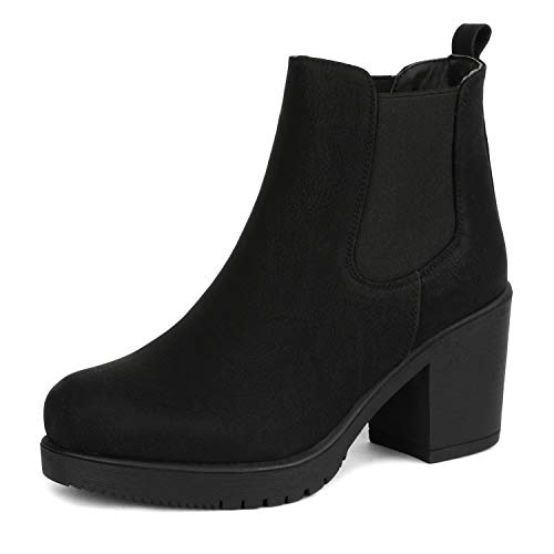 Dream Pairs FRE Mujer Botines de Tacón Ancho Chelsea Plataforma Cabeza Redonda Otoño Invierno Moda Botas Negro PU 41.5 EU/10.5 US