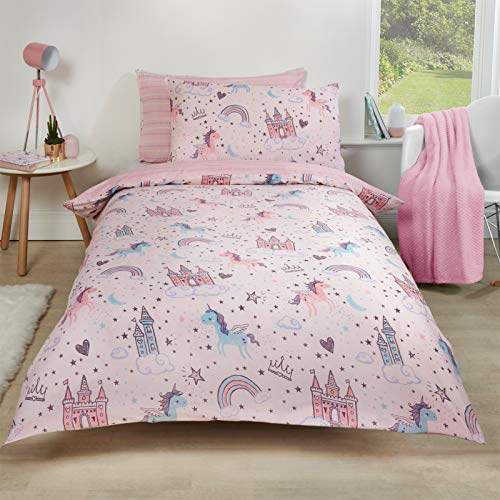 Dreamscene Unicorn Kingdom - Juego de Funda nórdica y Funda de Almohada (polialgodón, 50% algodón), Color Rosa Dreamscene Unicorn Kingdom - Juego de Funda nórdica y Funda de Almohada (polialgodón, 50% algodón), Color Rosa