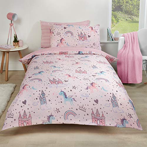 Dreamscene Unicorn Kingdom - Juego de Funda nórdica y Funda de Almohada (polialgodón, 50% algodón), Color Rosa