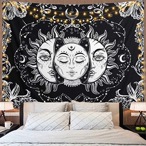 Dremisland Tapiz de Pared Indio Hippie Bohemio Mandala psicodélico Colgar en la Pared Lanzar Luna y Sol Tapices Blanco Negro para Sala de Estar Dormitorio decoración(Luna y Sol, M / 130 X 150 cm)