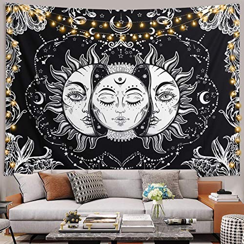 Dremisland Tapiz de Pared Indio Hippie Bohemio Mandala psicodélico Colgar en la Pared Lanzar Luna y Sol Tapices Blanco Negro para Sala de Estar Dormitorio decoración(Luna y Sol, M / 130 X 150 cm)