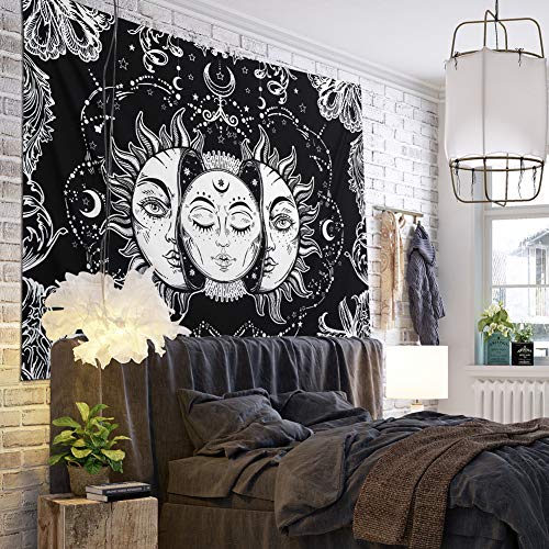 Dremisland Tapiz de Pared Indio Hippie Bohemio Mandala psicodélico Colgar en la Pared Lanzar Luna y Sol Tapices Blanco Negro para Sala de Estar Dormitorio decoración(Luna y Sol, M / 130 X 150 cm)