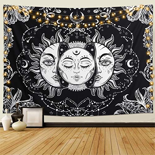 Dremisland Tapiz de Pared Indio Hippie Bohemio Mandala psicodélico Colgar en la Pared Lanzar Luna y Sol Tapices Blanco Negro para Sala de Estar Dormitorio decoración(Luna y Sol, M / 130 X 150 cm)