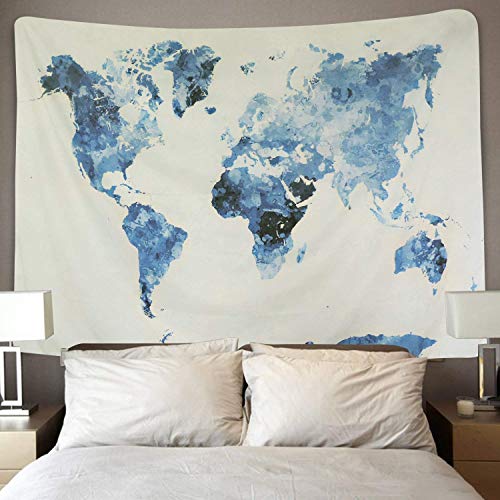 Dremisland Tapiz de Pared Vendimia Tapiz Mapa del Mundo Tapiz Mandala Hippie Azul Blanco Mural Tela Decoración del Hogar Estera de Yoga (Mapa del Mundo Azul, L / 148 X 200 cm)