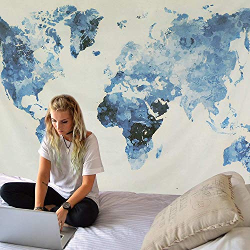 Dremisland Tapiz de Pared Vendimia Tapiz Mapa del Mundo Tapiz Mandala Hippie Azul Blanco Mural Tela Decoración del Hogar Estera de Yoga (Mapa del Mundo Azul, L / 148 X 200 cm)