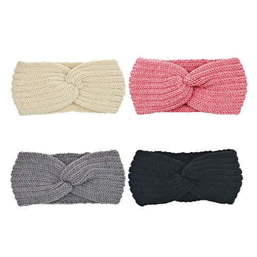 DRESHOW 4 Piezas Crochet Arco Turbante Knit Diadema Mujer Invierno Vendas Elasticas Anchas Tejida Lana Cintas Para El Pelo Banda de pelo más cálido