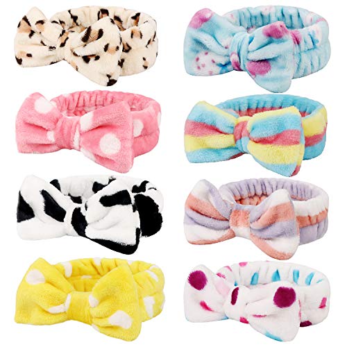 DRESHOW 8 PCS Bowknot Pelo Bandas Elásticas Coral Felpa Maquillaje cara Wash Ducha Diadema Tocados para Lavarse la cara Ducha Spa Mascarilla para Mujer