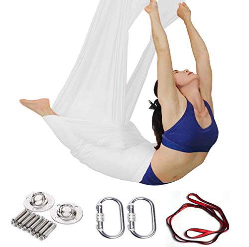 DSAEFG Seda Yoga, Equipo de Sedas Aéreas Aéreo Yoga Toalla Aéreo Seda Elástica Yoga Hamaca Tela 5 Metros con Accesorios (Color : Blanco)