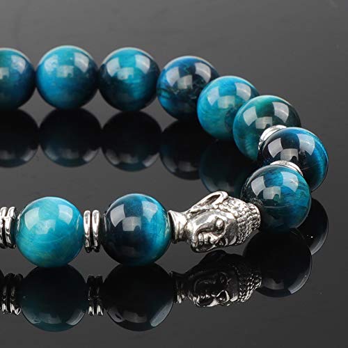 Dsaren 10mm Pulsera Ojo de Tigre Natural Elástica Pulsera Piedra Volcanica Cabeza de Buda Joyeria con Caja de Regalo para Hombres y Mujeres