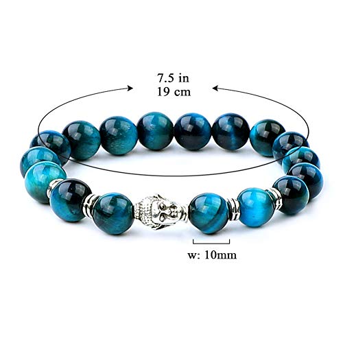 Dsaren 10mm Pulsera Ojo de Tigre Natural Elástica Pulsera Piedra Volcanica Cabeza de Buda Joyeria con Caja de Regalo para Hombres y Mujeres