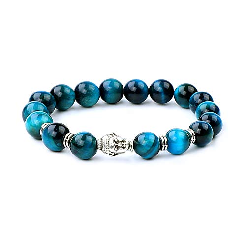 Dsaren 10mm Pulsera Ojo de Tigre Natural Elástica Pulsera Piedra Volcanica Cabeza de Buda Joyeria con Caja de Regalo para Hombres y Mujeres