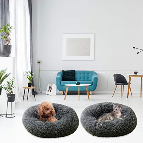 Dsaren Cama Redonda Mascotas Relajante Cama Gatos Suave Felpa Donut Cama Perros Cojín Antideslizante para Gatos y Perros Grande Pequeño (70cm, Gris Oscuro)