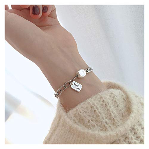 DSJTCH 925 Pulsera de la Vendimia del Partido de Plata de Ley Etiqueta de Moda Lucky Inglés Carta de Tailandia Joyas Mano de Plata for Mujeres Los Regalos (Color : Silver)