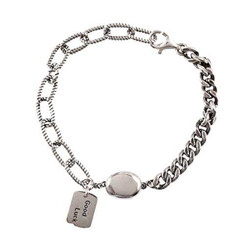 DSJTCH 925 Pulsera de la Vendimia del Partido de Plata de Ley Etiqueta de Moda Lucky Inglés Carta de Tailandia Joyas Mano de Plata for Mujeres Los Regalos (Color : Silver)