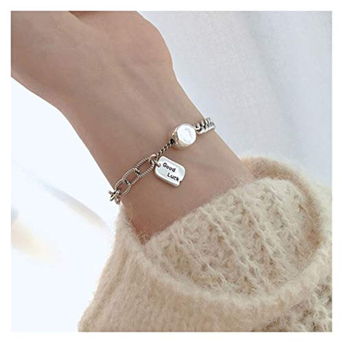 DSJTCH 925 Pulsera de la Vendimia del Partido de Plata de Ley Etiqueta de Moda Lucky Inglés Carta de Tailandia Joyas Mano de Plata for Mujeres Los Regalos (Color : Silver)