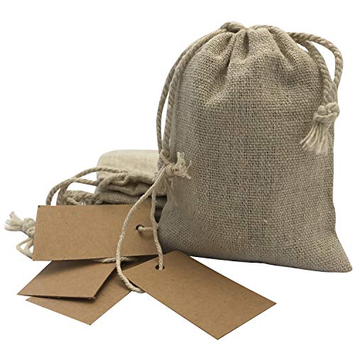 DUAMY Bolsitas para Regalos de Tela de arpillera con Etiquetas de Papel Kraft. Bodas, comuniones, bautizos, etc. Pack de 25 Bolsas/saquitos de Yute y Lino y 25 Etiquetas de cartón