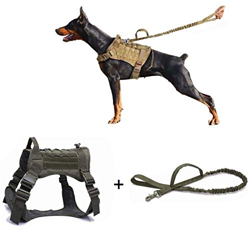 Ducomi Arnés Táctico Militar + Correa para Perro K9, Perros de Entrenamiento y de Trabajo - Arnés Chaleco para Perros Medianos, Grandes, Pastor Alemán, Pitbull, Rottweiler (Olive + Correa, L)