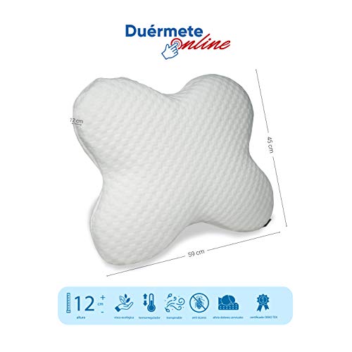 Duérmete Online - Almohada Cervical Mariposa Espuma Viscoelástica | Forma Anatómica y Ortopédica para Dormir de Lado | Protección antiácaros | Funda Termorreguladora, Blanco, 59 x 45 x 12 cm