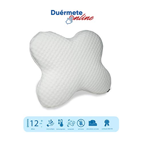 Duérmete Online - Almohada Cervical Mariposa Espuma Viscoelástica | Forma Anatómica y Ortopédica para Dormir de Lado | Protección antiácaros | Funda Termorreguladora, Blanco, 59 x 45 x 12 cm