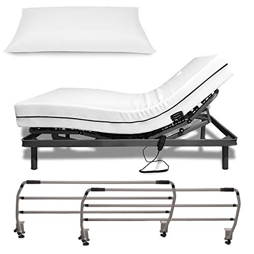 Duérmete Online Cama Eléctrica Articulada Reforzada 5 Planos + Colchón Medic Visco + Almohada Tacto Sedoso + Barandillas, Gris, 90x190