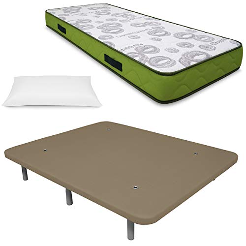 Duérmete Online - HR Pack Colchón Artiflex Reversible + Almohada + Base Tapizada 3D Reforzada 5 Barras de Refuerzo y Válvulas de Ventilación con 6 Patas, Madera, Color Beige, 90x190