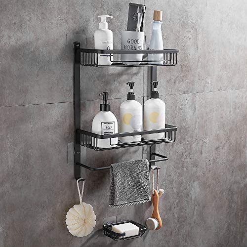 DUFU Estante de Baño de Aluminio Antioxidante Organizador Estante de Ducha de 2 Niveles sin Perforación con Ganchos Toallero y Jabonera Montado en Pared Estantería para Baño con Autoadhesivos DUFU Estante de Baño de Aluminio Antioxidante Organizador Estante de Ducha de 2 Niveles sin Perforación con Ganchos Toallero y Jabonera Montado en Pared Estantería para Baño con Autoadhesivos