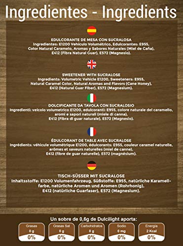 DULCI LIGHT DULCE Y FAVORABLE MIEL DE CAĂA MORENO EDULCORANTE GRANULADO NATURAL de azĂșcar de caña integral con el sabor del azĂșcar Moreno integral o panela 500+100 TOTAL 600 Sobres DULCI LIGHT DULCE Y FAVORABLE MIEL DE CAĂA MORENO EDULCORANTE GRANULADO NATURAL de azĂșcar de caña integral con el sabor del azĂșcar Moreno integral o panela 500+100 TOTAL 600 Sobres