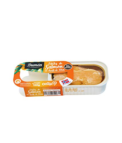 Dumón - 11 Unidades de 120 gr de Filetes de Salmon Noruego en Aceite de Oliva, Exclusivo Formato Transparente con Abre Fácil, Conserva de Pescado en Lata. Salmon Noruego Alto en Proteínas y Omega 3. Dumón - 11 Unidades de 120 gr de Filetes de Salmon Noruego en Aceite de Oliva, Exclusivo Formato Transparente con Abre Fácil, Conserva de Pescado en Lata. Salmon Noruego Alto en Proteínas y Omega 3.