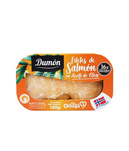 Dumón - 11 Unidades de 120 gr de Filetes de Salmon Noruego en Aceite de Oliva, Exclusivo Formato Transparente con Abre Fácil, Conserva de Pescado en Lata. Salmon Noruego Alto en Proteínas y Omega 3.