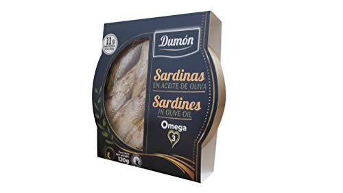 Dumon - 14 Unidades de 120 gr de Conserva de Sardina en Aceite de Oliva, Exclusivo Formato Transparente con Abre Fácil, Conserva de Pescado en Lata Alto Contenido en Proteínas y Omega 3