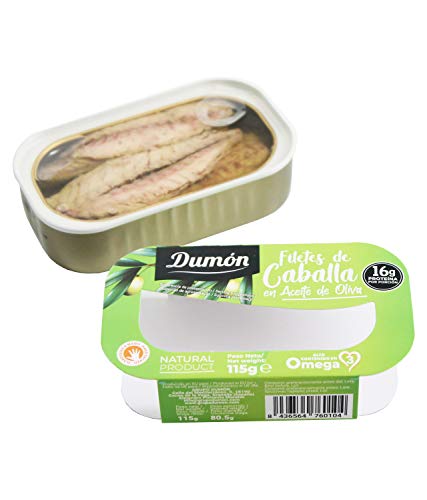 Dumón - 16 unidades de 115 gr de Filetes de Caballa en Aceite de Oliva, Exclusivo Formato Transparente, Abre Fácil, Conservas de Pescado en lata Alto en Proteínas y Omega 3 Dumón - 16 unidades de 115 gr de Filetes de Caballa en Aceite de Oliva, Exclusivo Formato Transparente, Abre Fácil, Conservas de Pescado en lata Alto en Proteínas y Omega 3