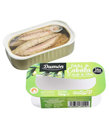 Dumón - 16 unidades de 115 gr de Filetes de Caballa en Aceite de Oliva, Exclusivo Formato Transparente, Abre Fácil, Conservas de Pescado en lata Alto en Proteínas y Omega 3