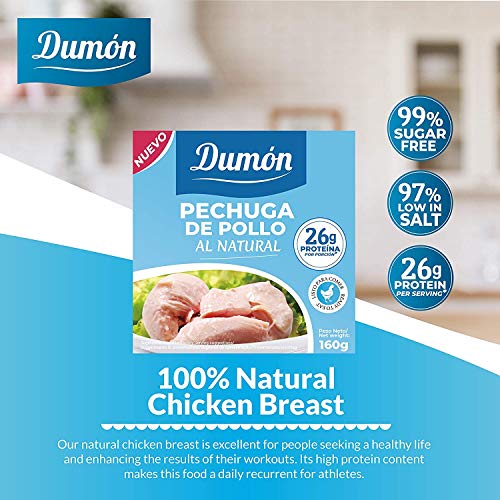 Dumón - 18 Unidades de 160 gr de Conservas de Pechugas de Pollo en su Propio Jugo o Agua. Alimento Enlatado Alto en Proteínas, 26 gr cada 100 gr de Pollo Natural. Abre Fácil.