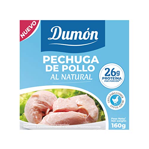 Dumón - 18 Unidades de 160 gr de Conservas de Pechugas de Pollo en su Propio Jugo o Agua. Alimento Enlatado Alto en Proteínas, 26 gr cada 100 gr de Pollo Natural. Abre Fácil.