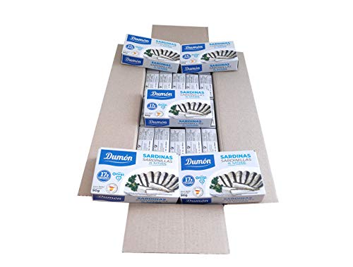 Dumón - 25 unidades de 90 gramos de Conservas de Sardinas al Natural. Conserva de Pescado Alta en Proteínas, Sardinillas premium. Pescado en Lata en su propio jugo. Dumón - 25 unidades de 90 gramos de Conservas de Sardinas al Natural. Conserva de Pescado Alta en Proteínas, Sardinillas premium. Pescado en Lata en su propio jugo.