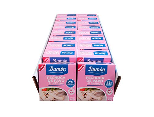 DUMON - NUEVO - 18 Unidades de 160 gr de Conservas de Pechugas de Pavo en su Propio Jugo o Agua. Alimento Enlatado Alto en Proteínas 29 gr cada porción de Pavo Natural. Abre Fácil.