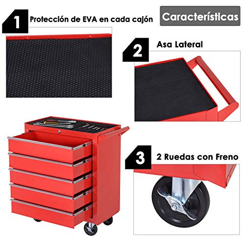 DURHAND Caja Taller Carro de Herramientas con Ruedas Cerradura tipo Mueble de Almacenamiento para Taller Garaje y Hogar Chapa de Acero 69x33x75cm Rojo