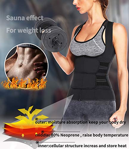 DUROFIT Chaleco Deportivo Fajas Reductoras Adelgazantes Mujer Sauna Neopreno Camiseta Neopreno de Sudoración Compresion con Cinturones Dobles Negro XL