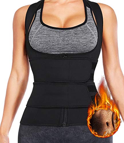 DUROFIT Chaleco Deportivo Fajas Reductoras Adelgazantes Mujer Sauna Neopreno Camiseta Neopreno de Sudoración Compresion con Cinturones Dobles Negro XL