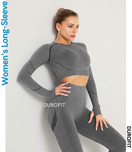 DUROFIT Tops de Manga Larga de Running para Camiseta de Manga Larga para Mujer Sin Costuras Yoga Gimnasio Fitness Entrenamiento Correr Gris M