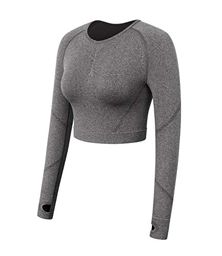 DUROFIT Tops de Manga Larga de Running para Camiseta de Manga Larga para Mujer Sin Costuras Yoga Gimnasio Fitness Entrenamiento Correr Gris M