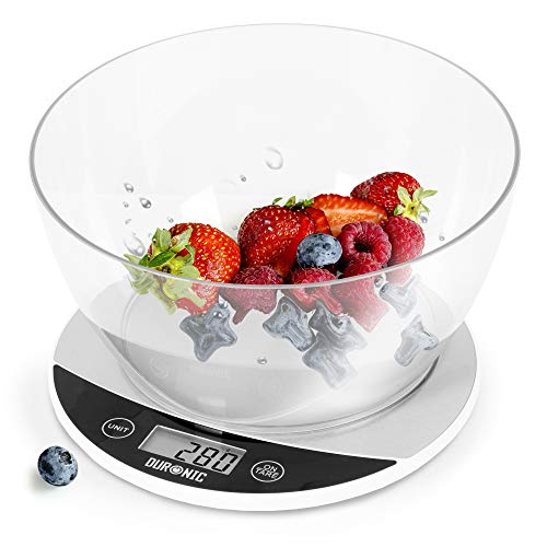 Duronic KS3000 Báscula de cocina digital de 18 cm diametro – Pantalla LDC con lectura de dígitos fácil – Peso máximo 5 kg – Bol de 1.5l – Función tara – Mide en gr, lb, oz y ml - Color negro