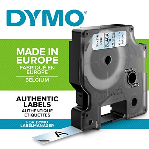 DYMO D1 - Etiquetas Auténticas, Impresión Negra sobre Fondo Transparente, 12 mm × 7 m, Autoadhesivas para Impresoras de Etiquetas LabelManager